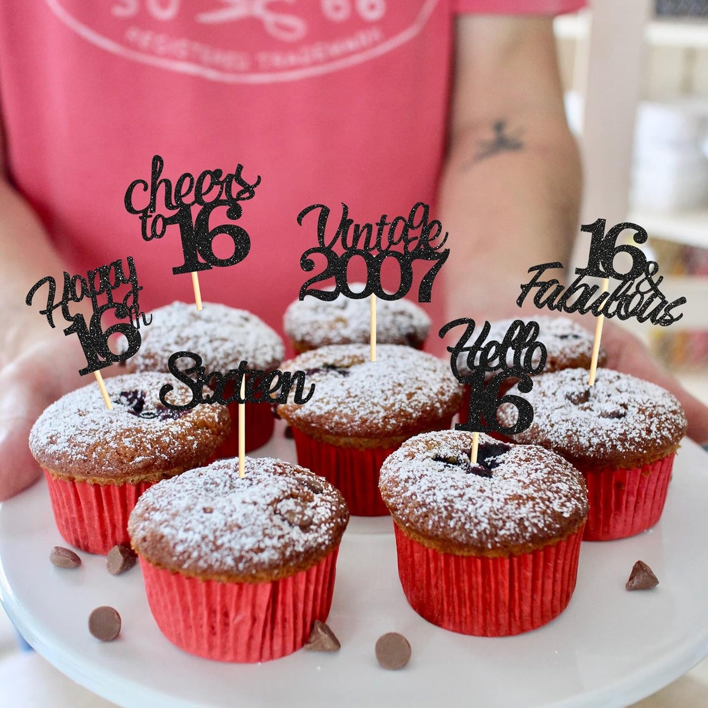 20x Black Glitter 16th Birthday Cupcake Toppers