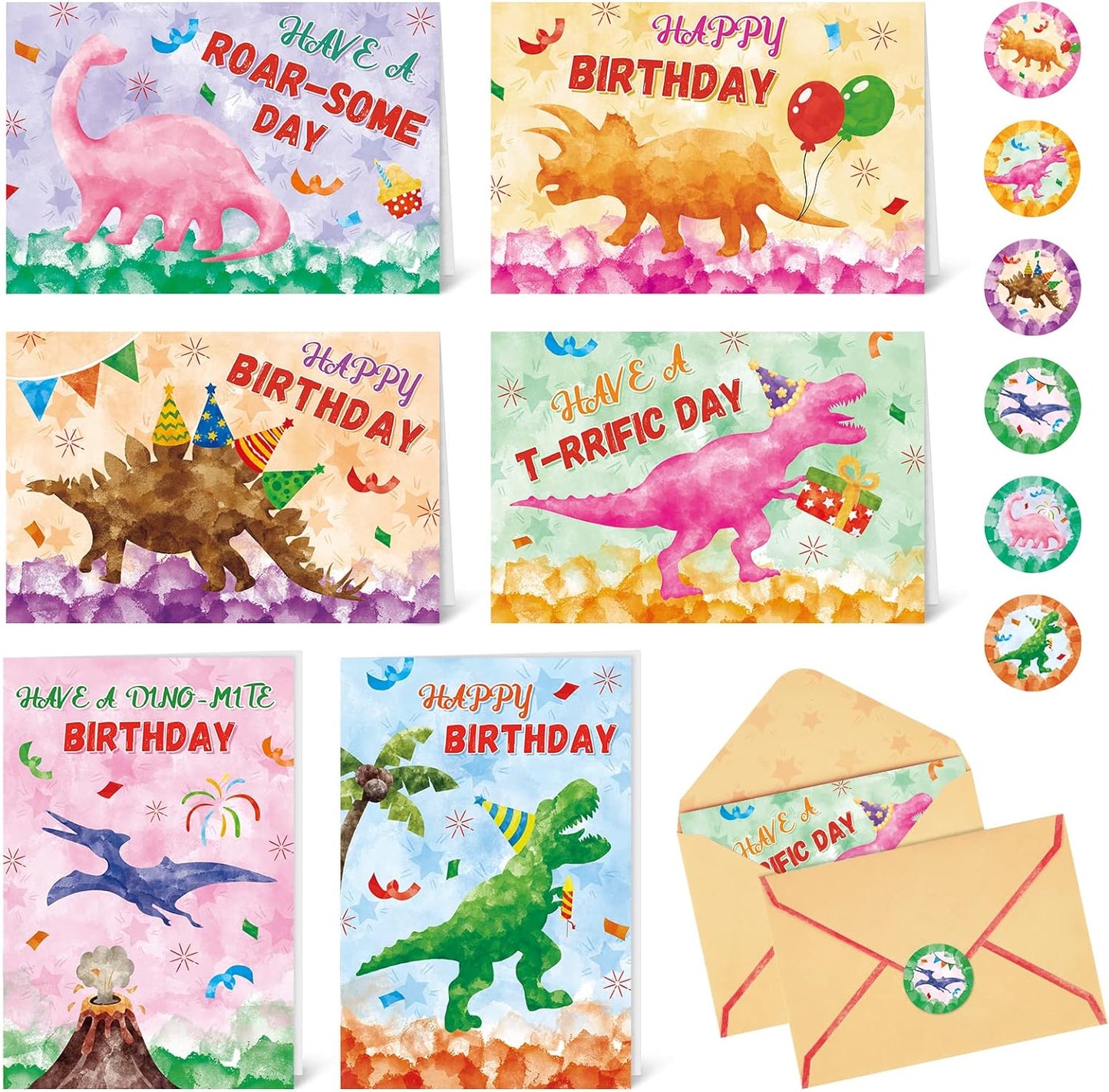 24x Happy Birthday Dinosaur Cards with Envelopes & Stickers - 6 Designs