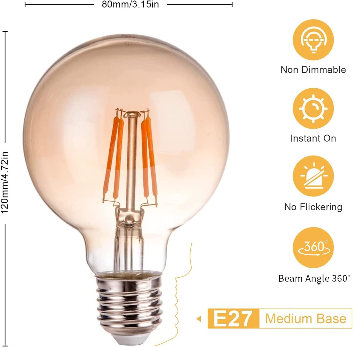 6 Pack E27 LED Screw Light Bulbs G80