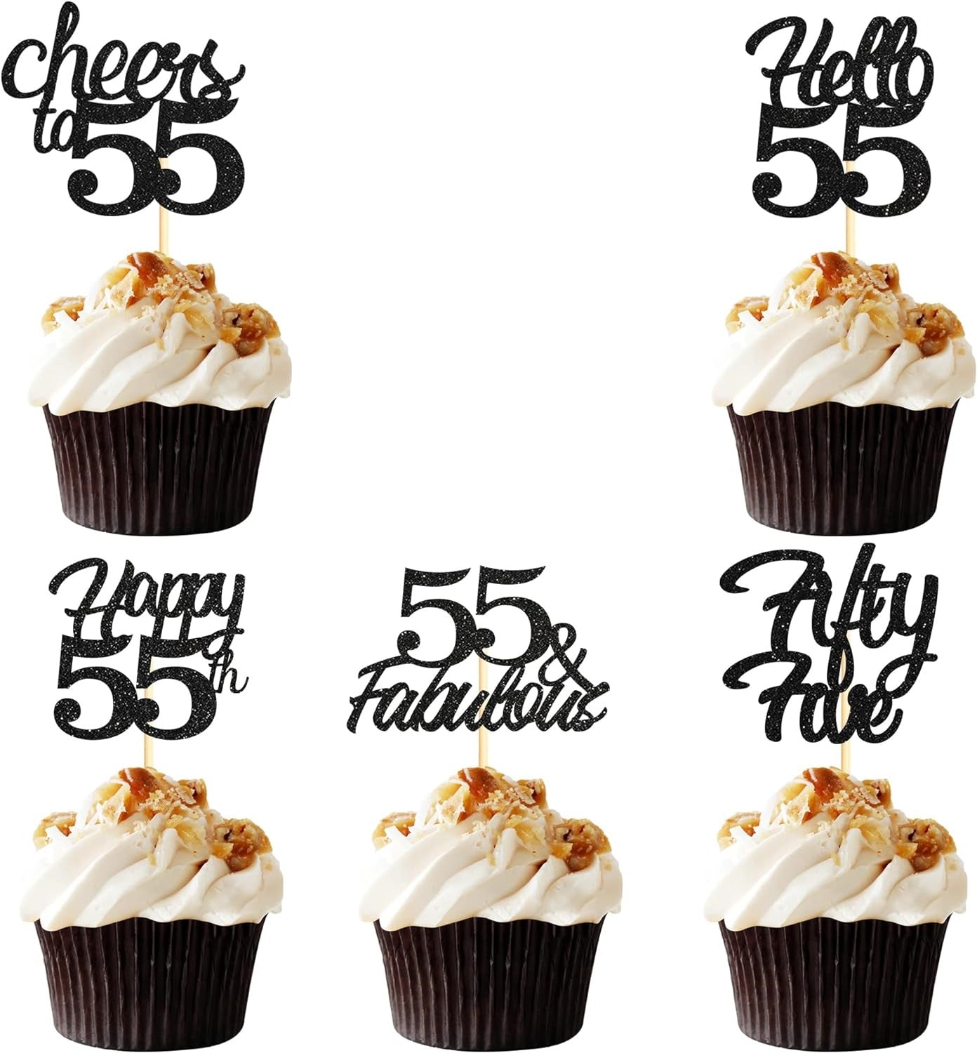 20x Black Glitter 55th Birthday Cupcake Toppers