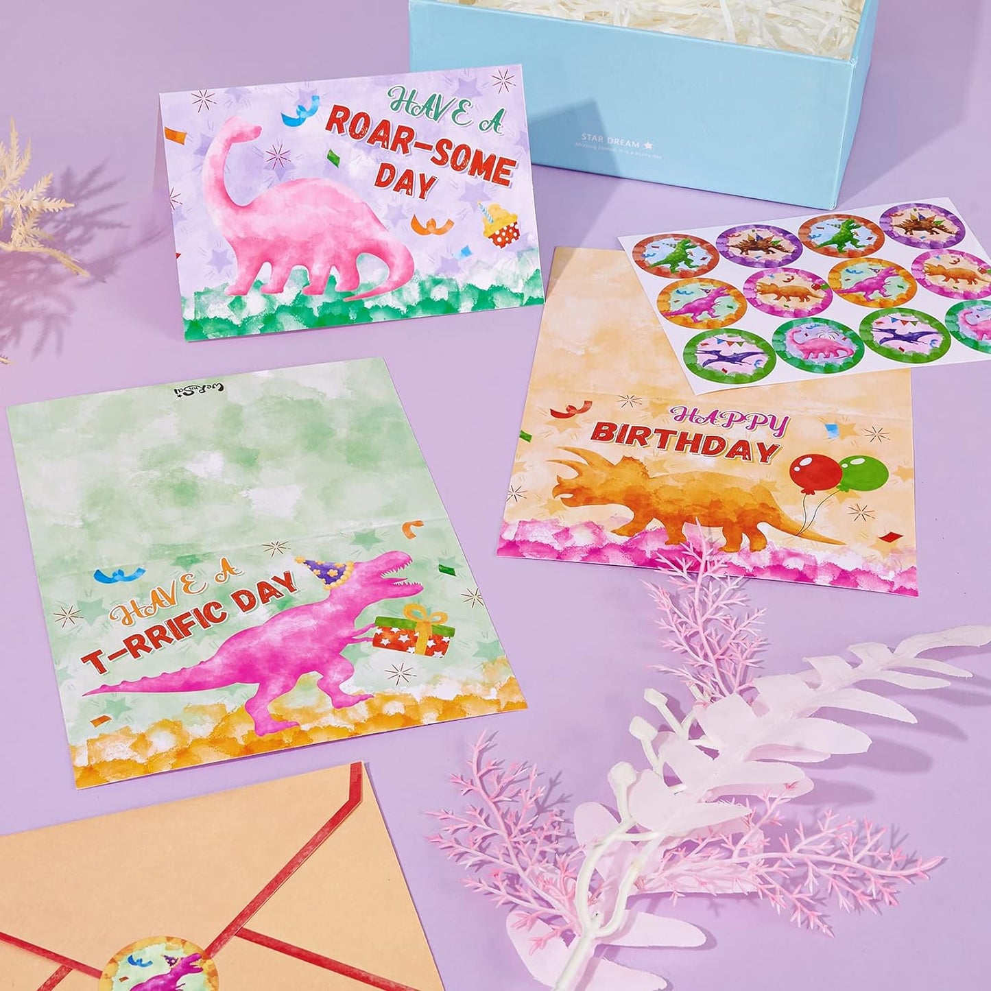 24x Happy Birthday Dinosaur Cards with Envelopes & Stickers - 6 Designs