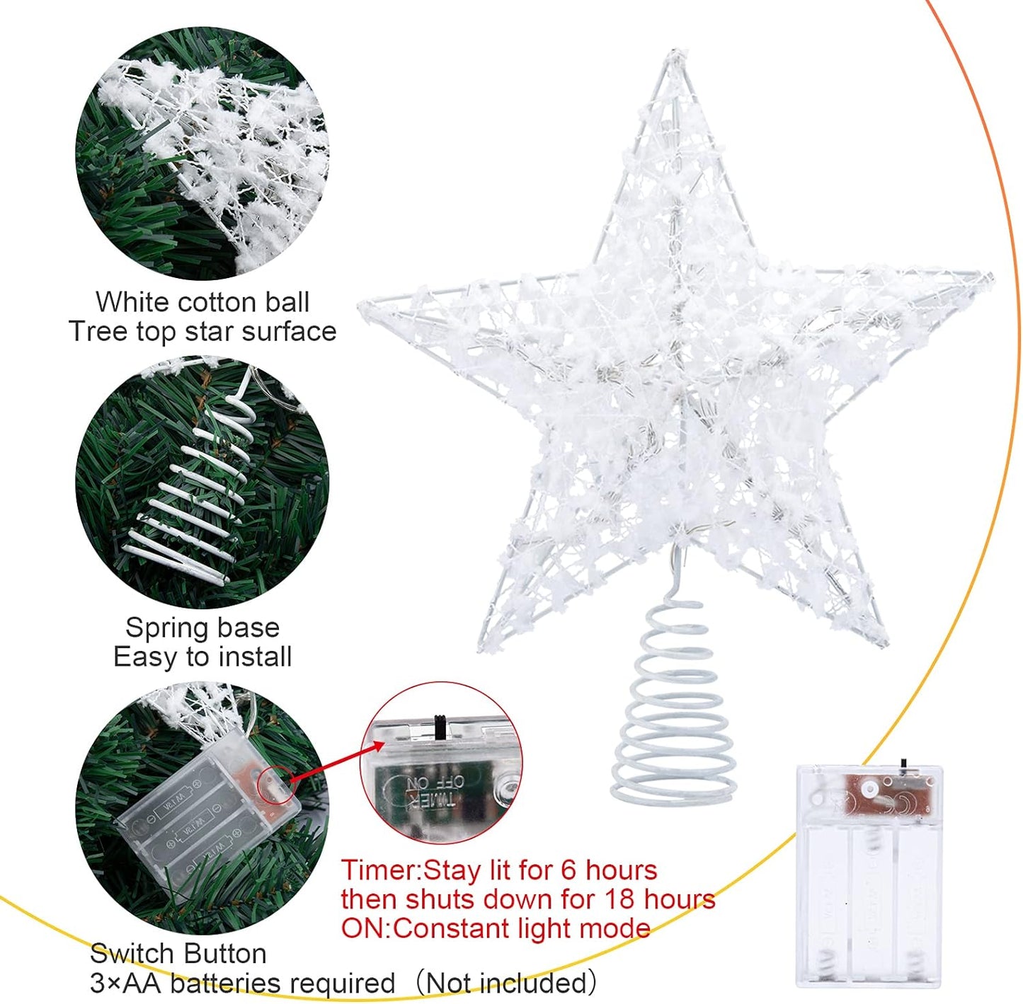 25cm White Metal Christmas Tree Topper Star With LED