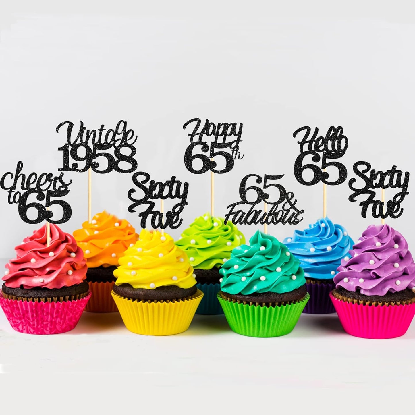 20x Black Glitter 65th Birthday Cupcake Toppers