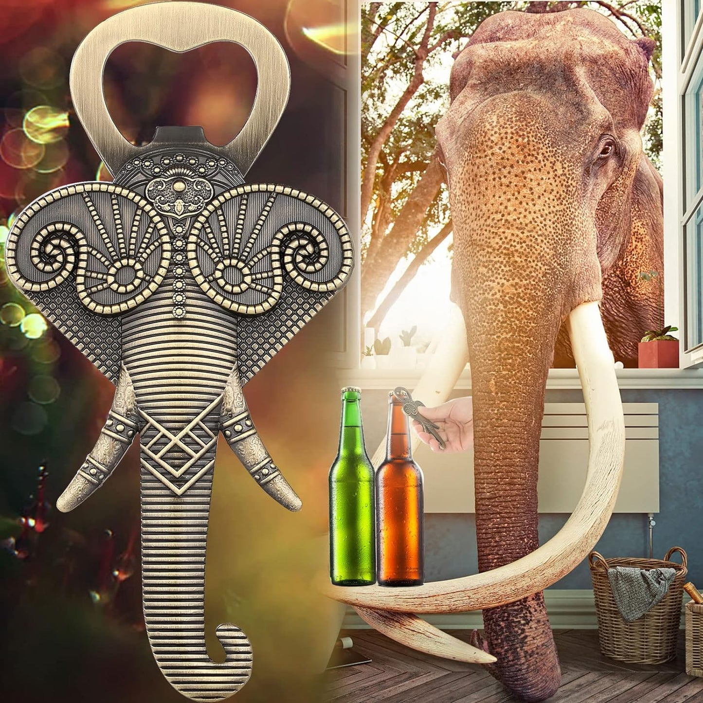 Elephant Beer Bottle Opener With Gift Box & Card - Bronze - 11cm