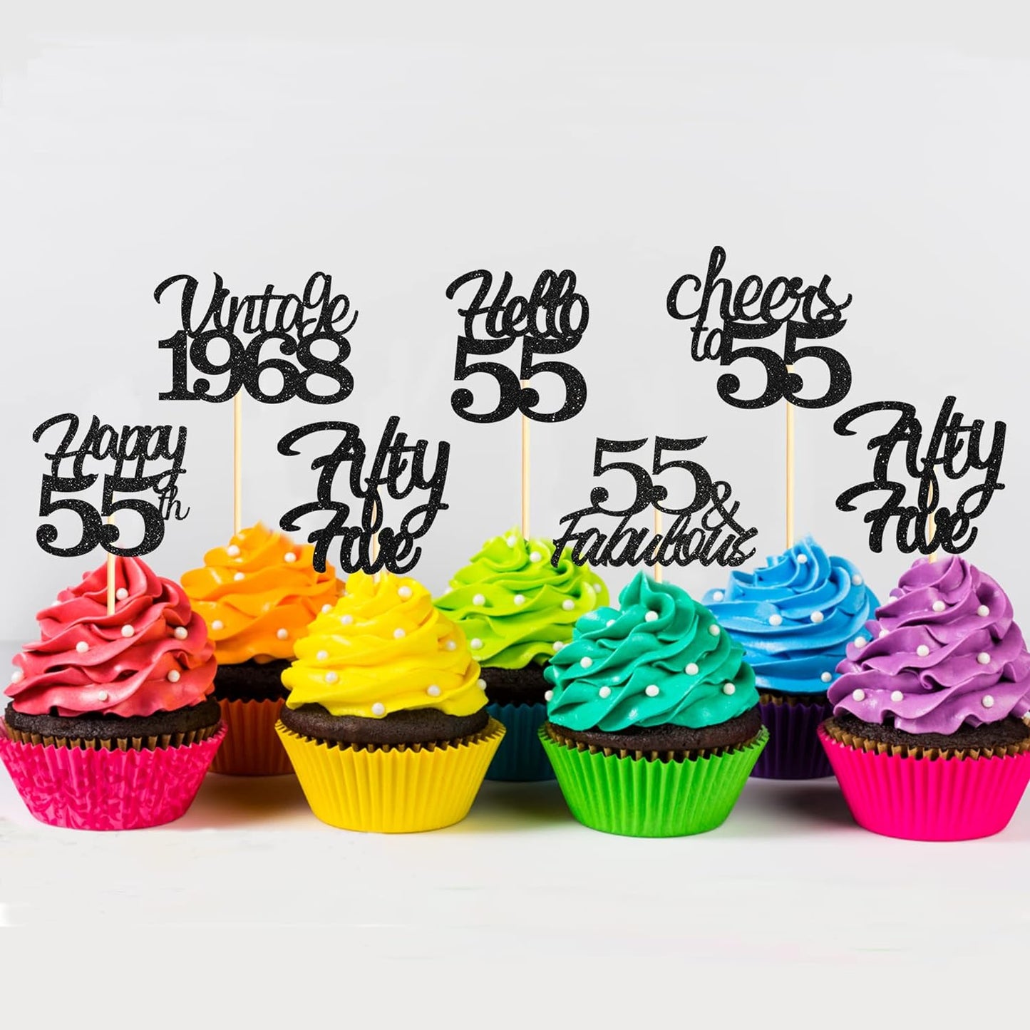 20x Black Glitter 55th Birthday Cupcake Toppers