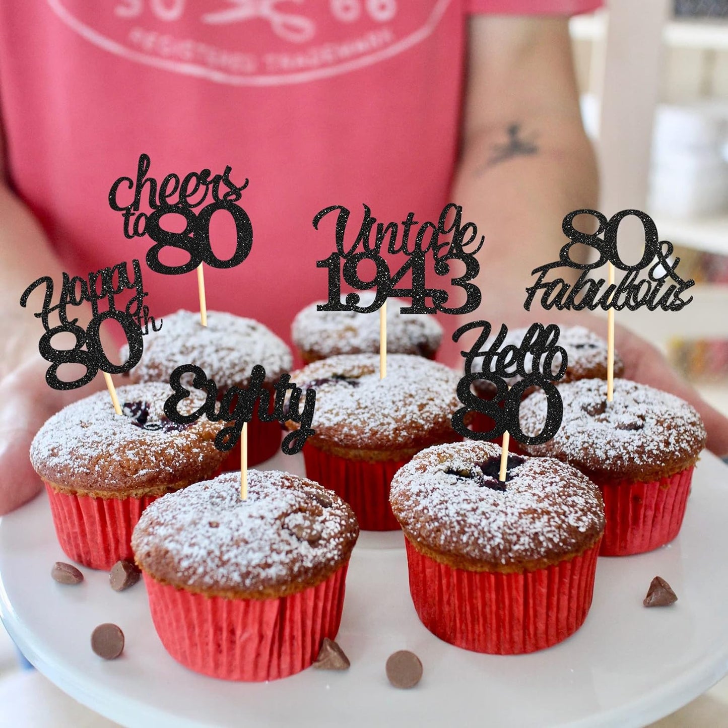 20x Black Glitter 80th Birthday Cupcake Toppers