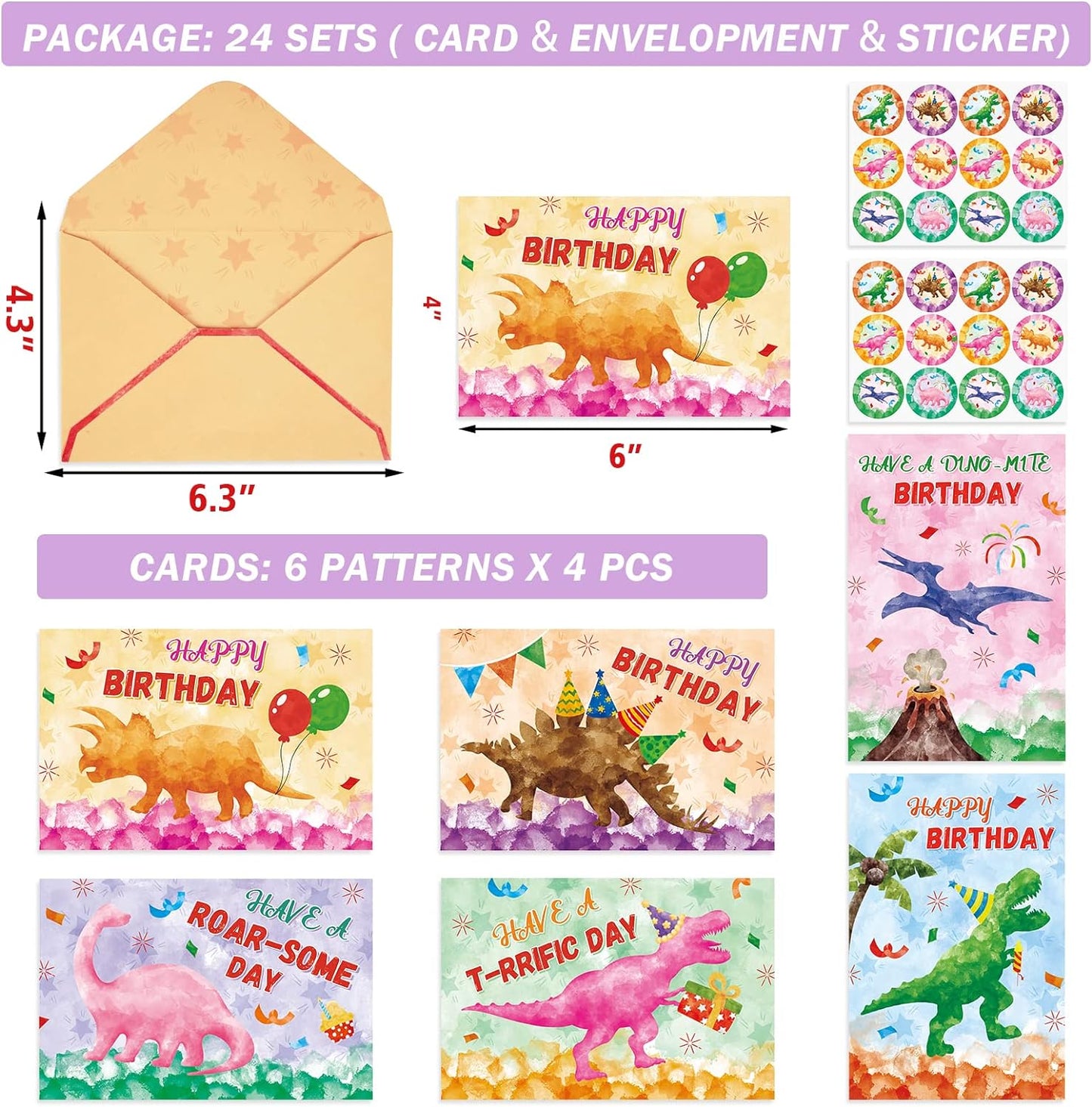 24x Happy Birthday Dinosaur Cards with Envelopes & Stickers - 6 Designs