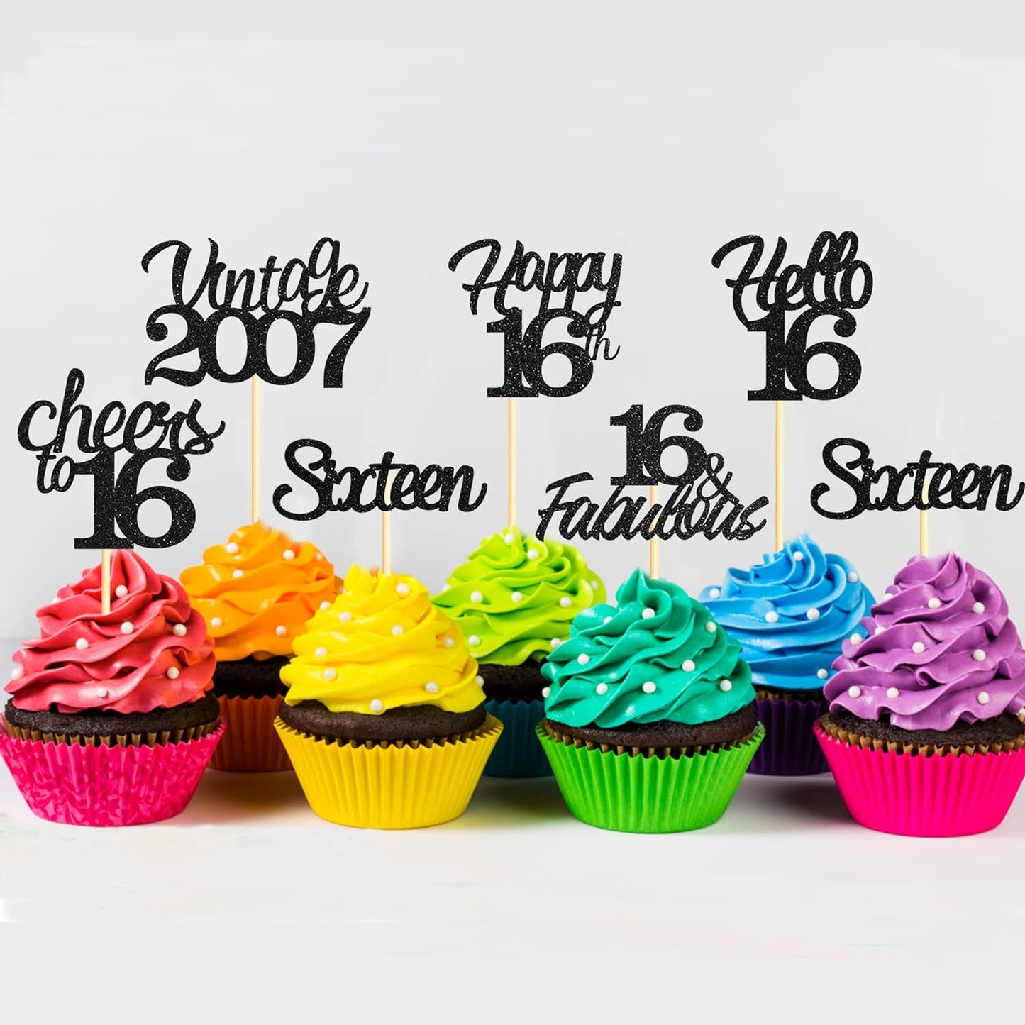 20x Black Glitter 16th Birthday Cupcake Toppers