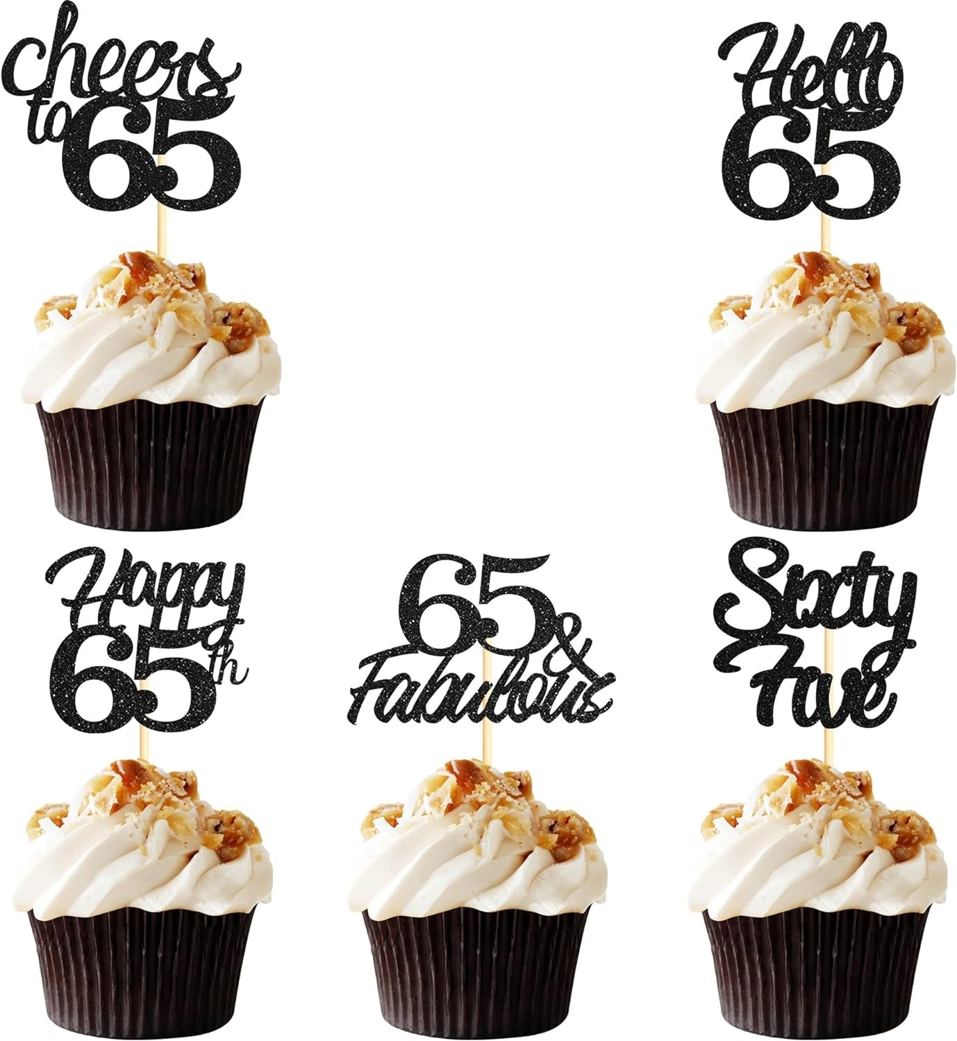 20x Black Glitter 65th Birthday Cupcake Toppers