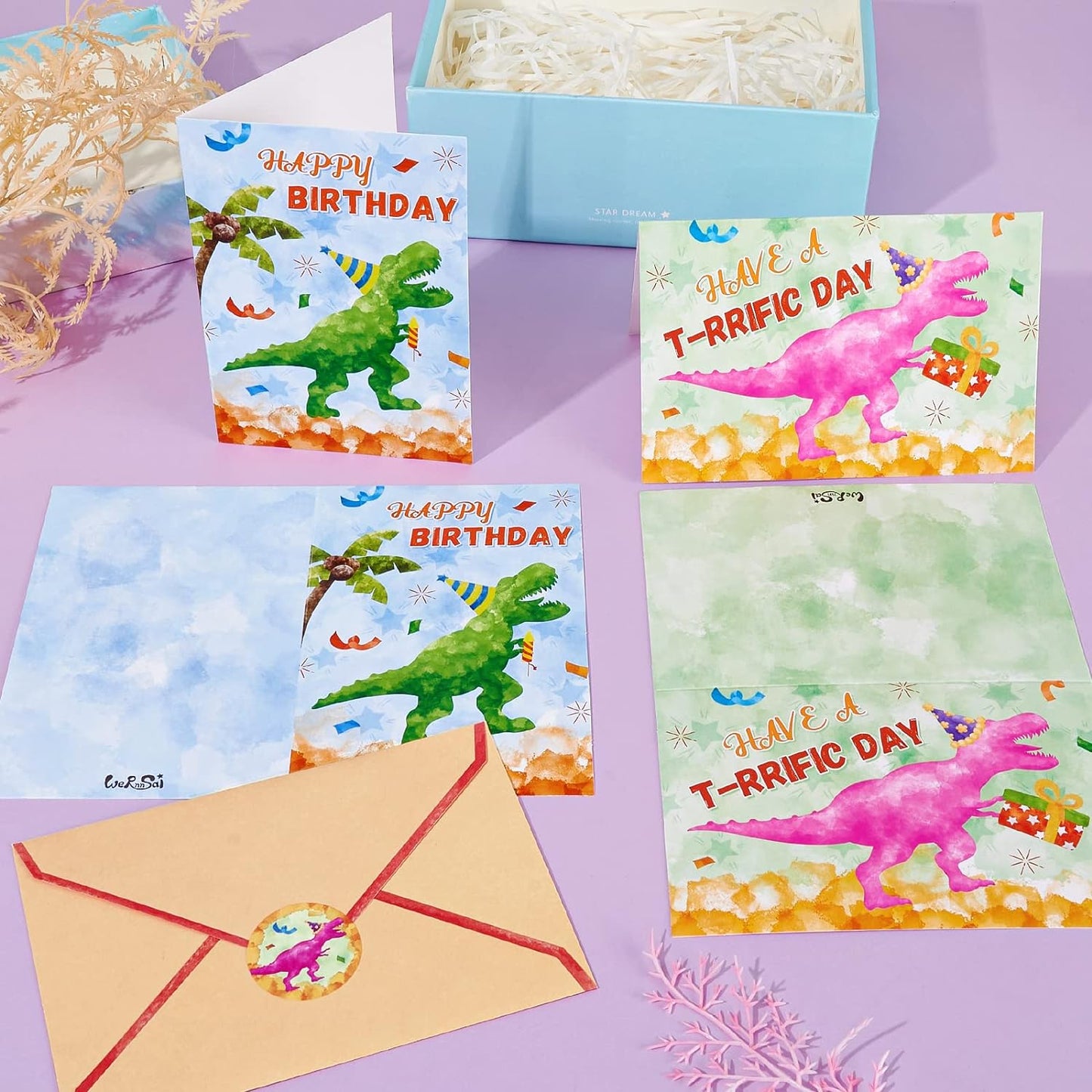 24x Happy Birthday Dinosaur Cards with Envelopes & Stickers - 6 Designs