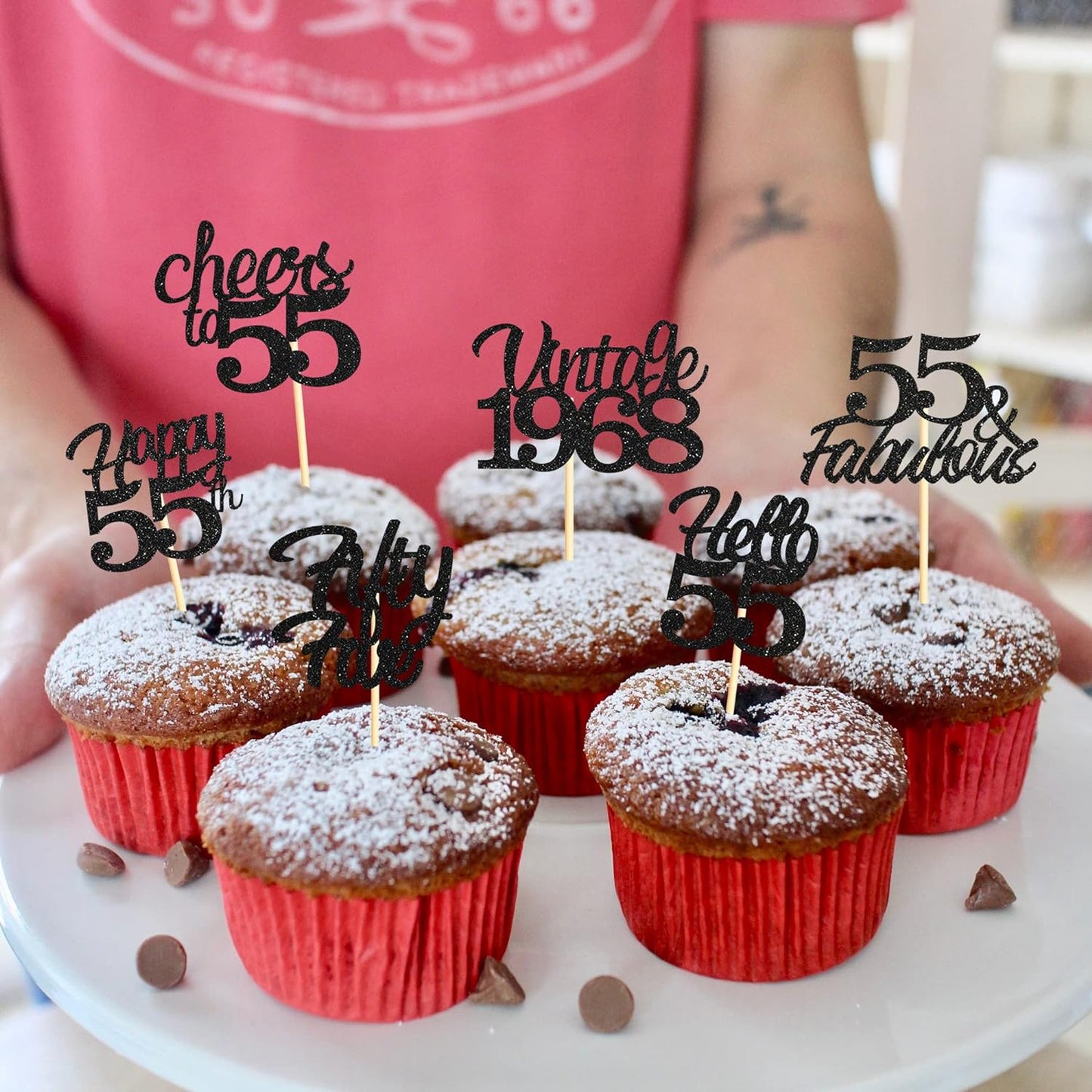 20x Black Glitter 55th Birthday Cupcake Toppers