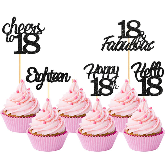 20x Black Glitter 18th Birthday Cupcake Toppers