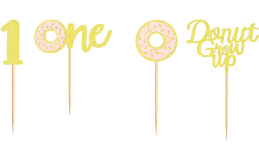 24x 1st Birthday Donut Cupcake Toppers Gold Glitter On Sticks 4 Designs