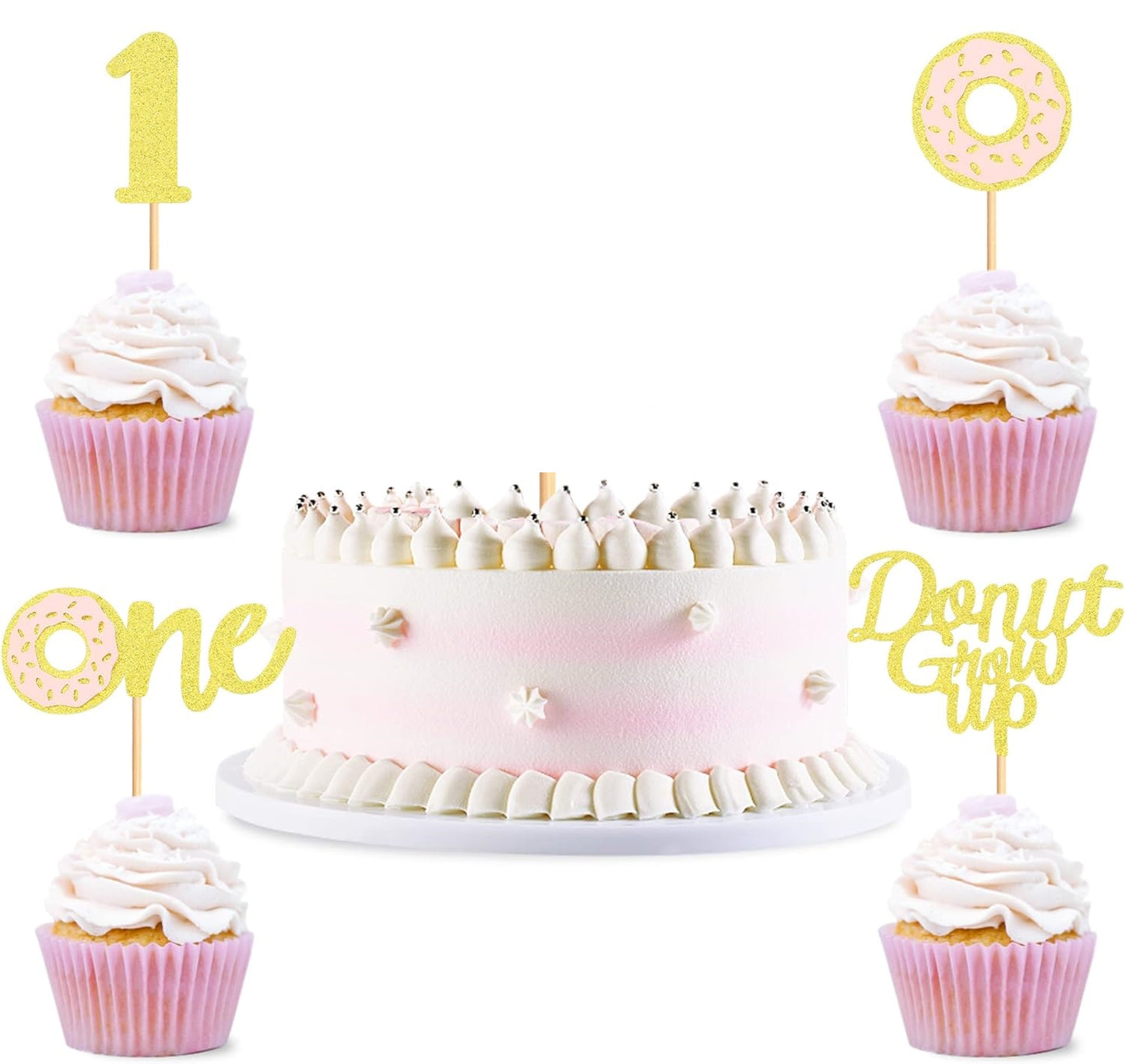 24x 1st Birthday Donut Cupcake Toppers Gold Glitter On Sticks 4 Designs