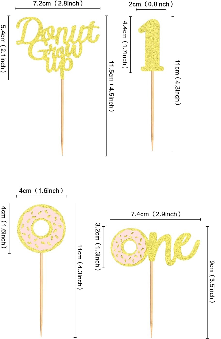 24x 1st Birthday Donut Cupcake Toppers Gold Glitter On Sticks 4 Designs