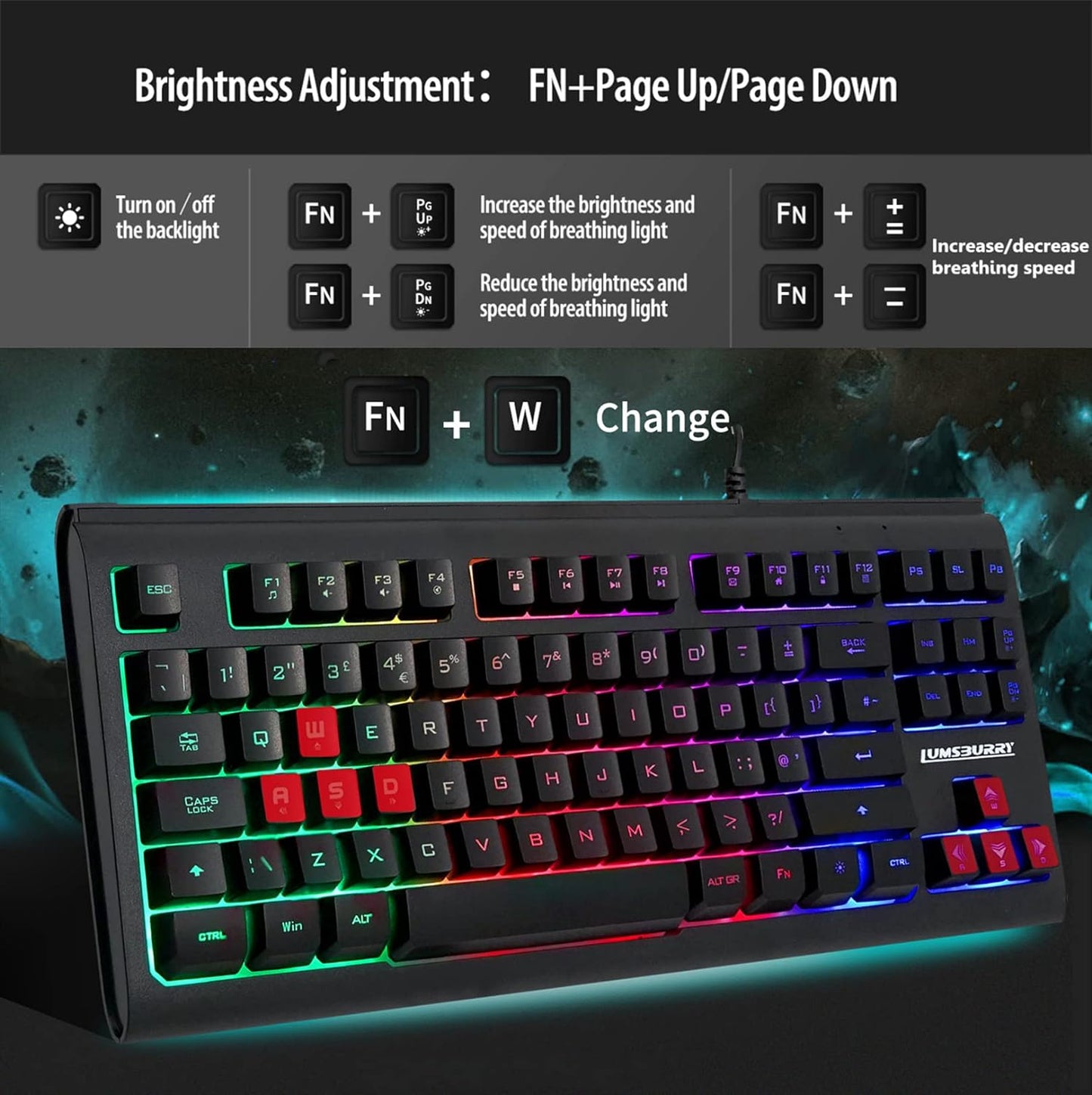 Rainbow LED Backlit 88 Key Gaming Keyboard USB - UK